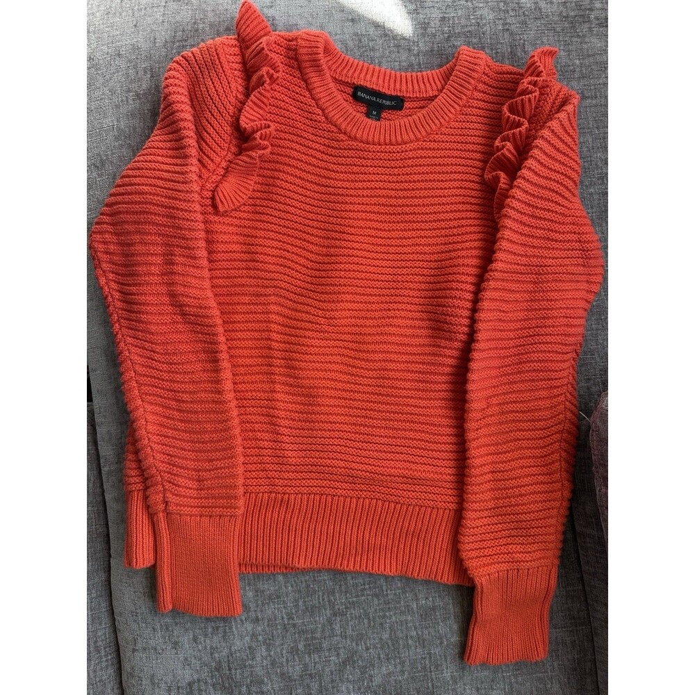 Banana Republic Orange Knit Ruffle Pullover Sweater Crew Neck Women's Size M
